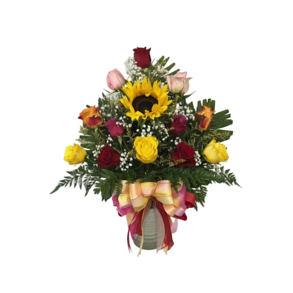 Sunflower Celebration Vase Arrangement with mixed roses baby breath solidago and fresh greenery by Houston florist