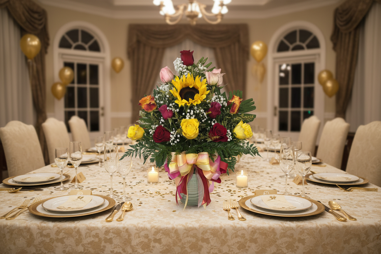 Sunflower and mixed rose arrangement in vase with greenery and ribbon for Houston flower delivery