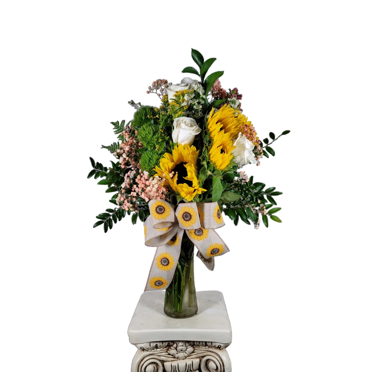 Sunflower and white rose vase arrangement with fresh greenery and sunflower ribbon by Houston florist