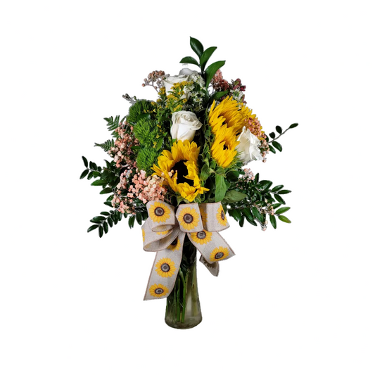 Sunflower and white rose vase arrangement with fresh greenery and sunflower ribbon by Houston florist