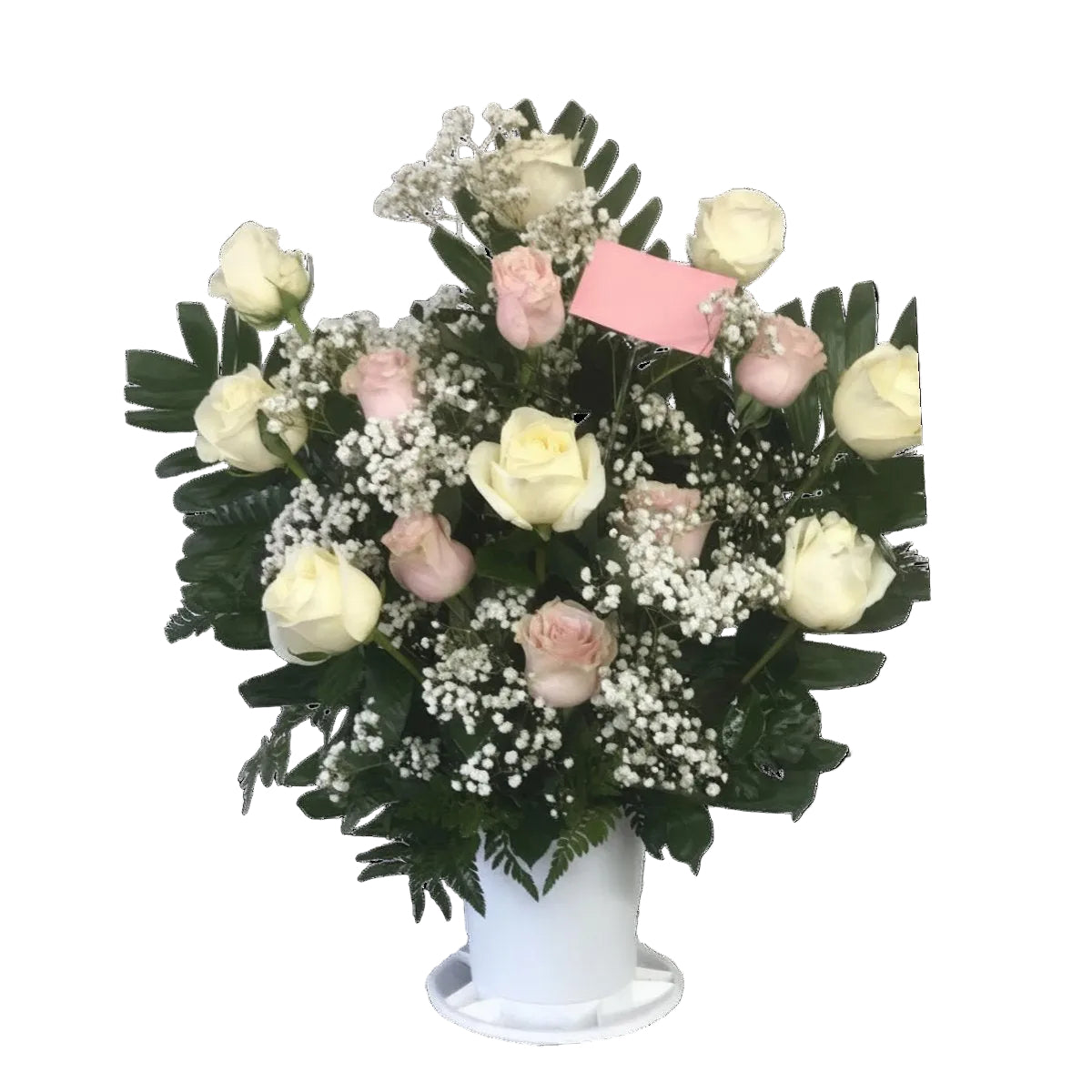 White and blush rose vase arrangement with baby breath and fresh greenery by Houston florist