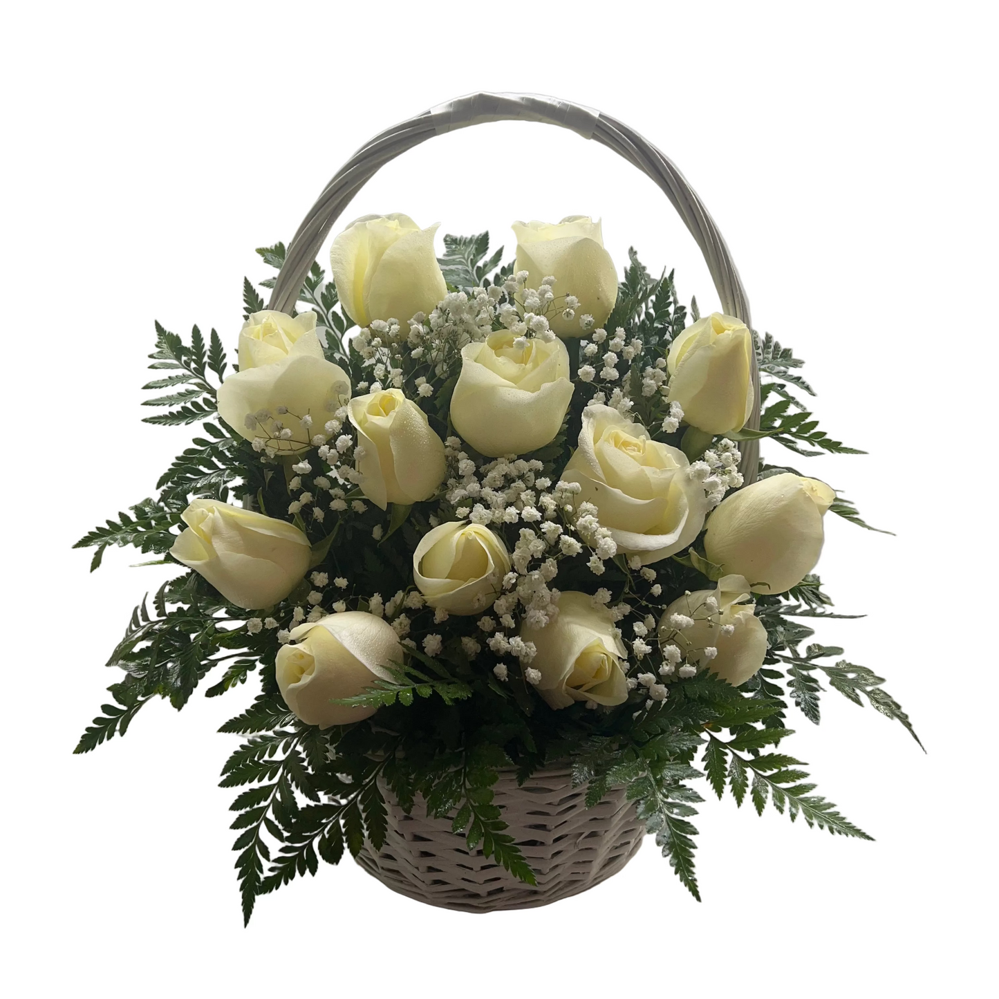 White rose basket arrangement with fresh greenery and ribbon by Houston florist