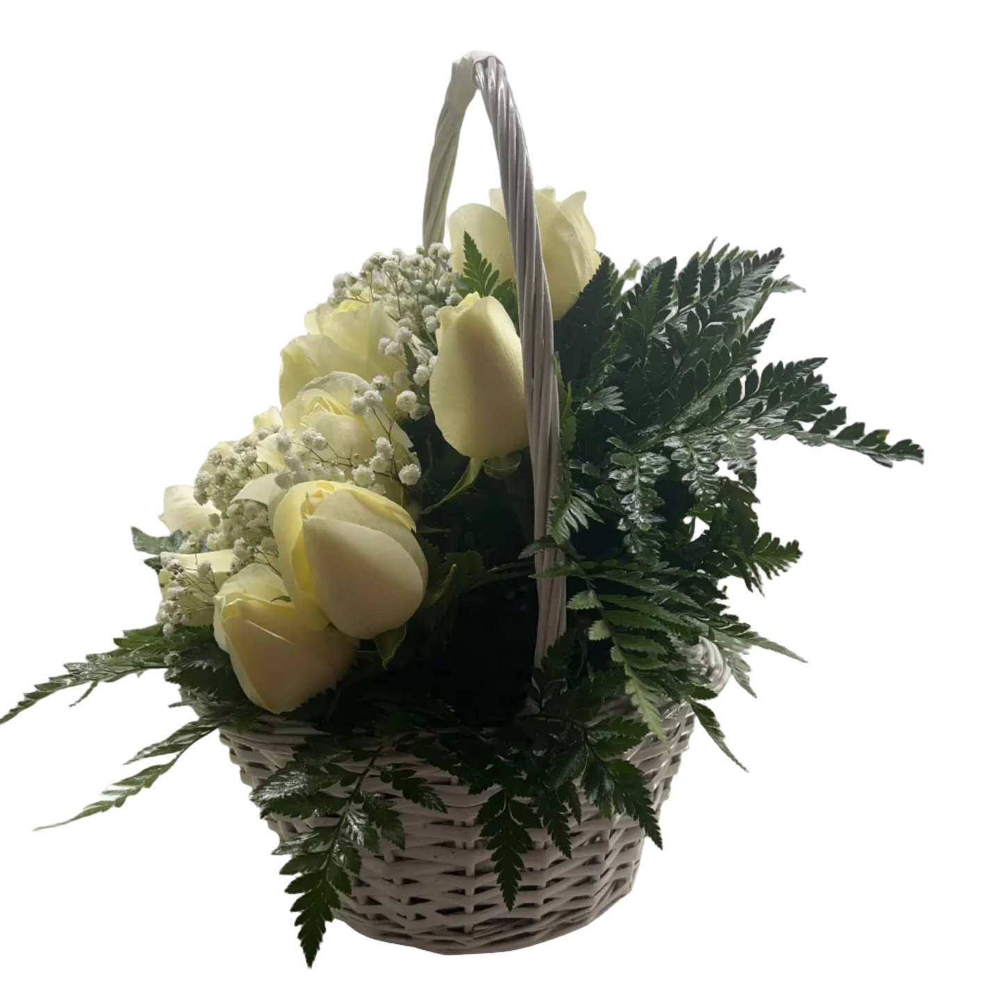 White rose basket flower arrangement with fresh greenery and satin ribbon by Houston florist