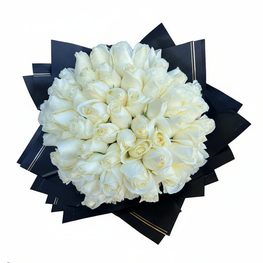 White rose bouquet with elegant black wrap for Houston flower delivery