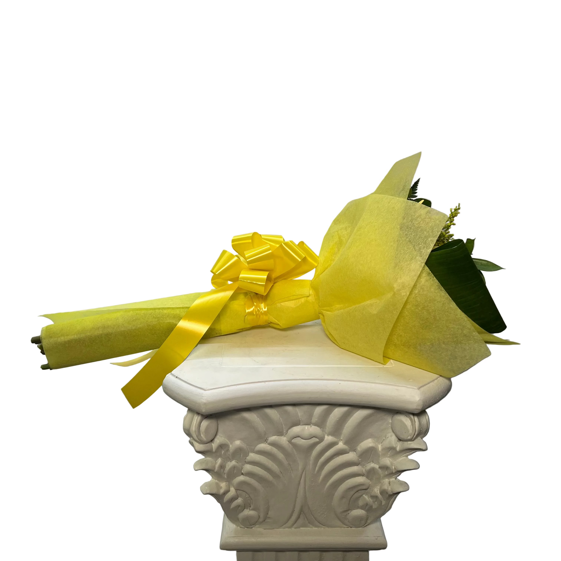 Back view of small wrapped yellow bouquet with ribbon for Houston flower delivery