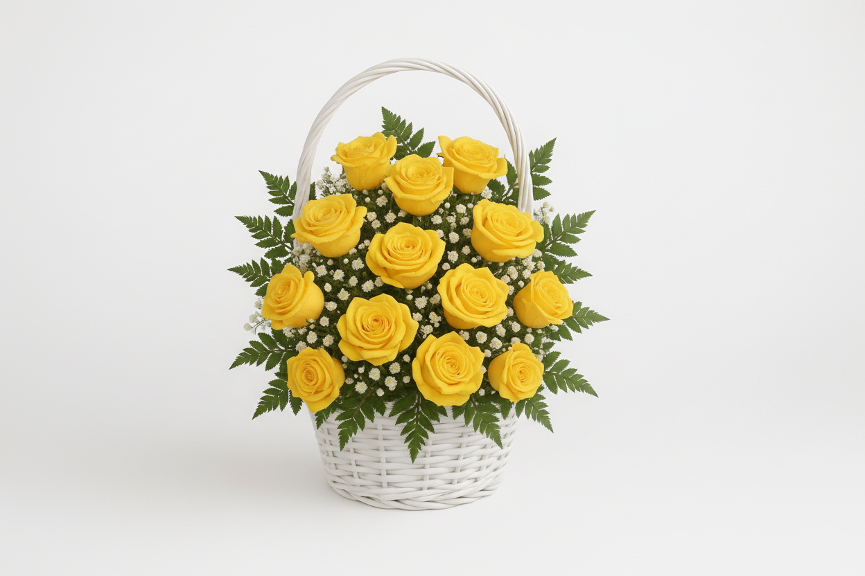 Yellow rose basket arrangement with fresh greenery and decorative ribbon in Houston