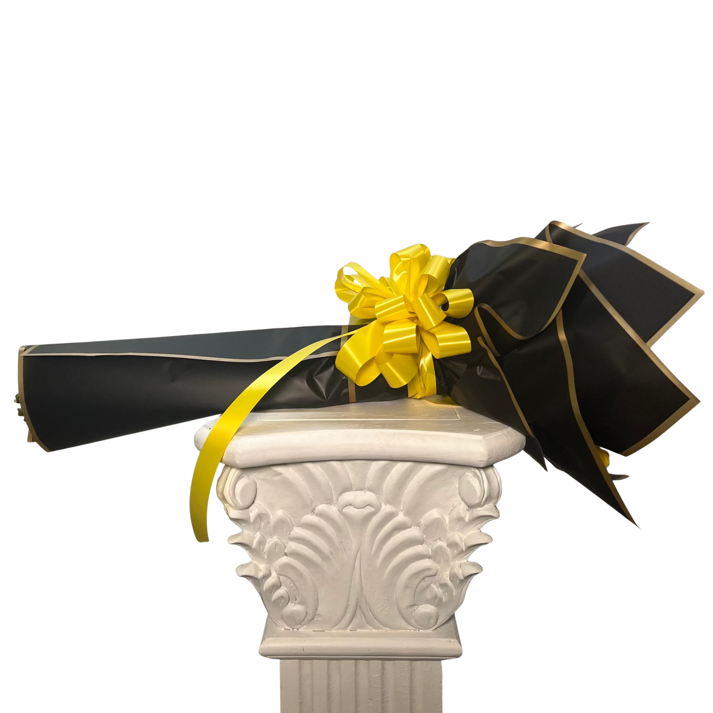 Side view of wrapped yellow rose bouquet with black floral paper by Houston florist