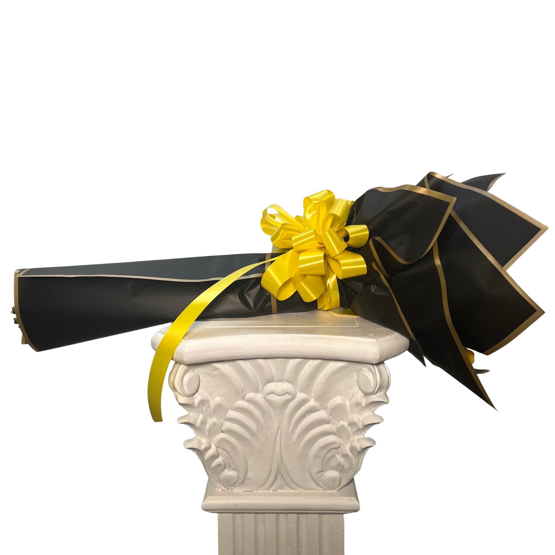 Side view of wrapped yellow rose bouquet with black floral paper by Houston florist