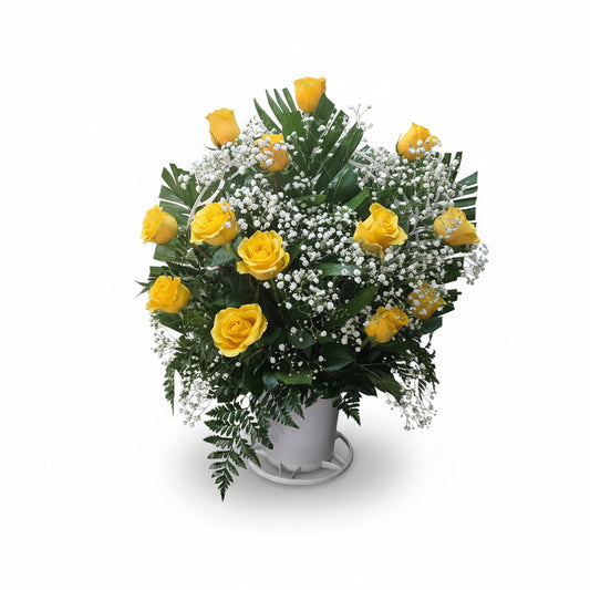 Yellow Rose Remembrance Arrangement with baby breath fresh greenery and white keepsake container by Houston florist