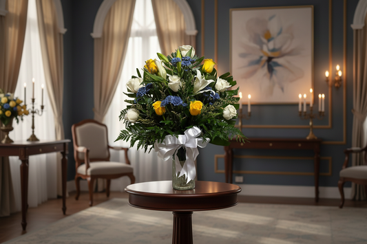 Yellow and white rose vase arrangement with blue accent flowers for Houston flower delivery